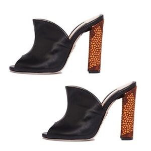 Chelsea Paris Heel Mules Black Leather Tortoise Block Heel 38